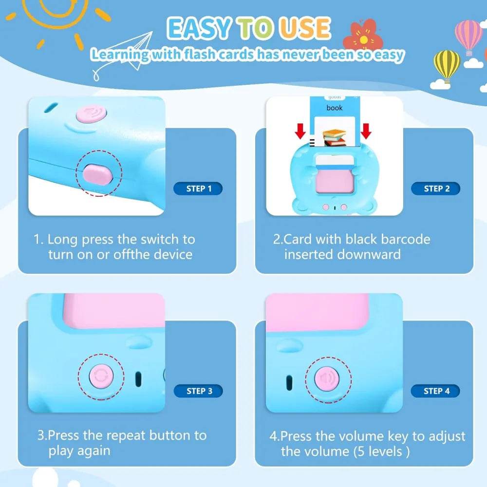 Instruction guide for electronic flash cards for toddlers showing how to operate buttons on a blue learning device