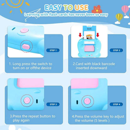 Instruction guide for electronic flash cards for toddlers showing how to operate buttons on a blue learning device