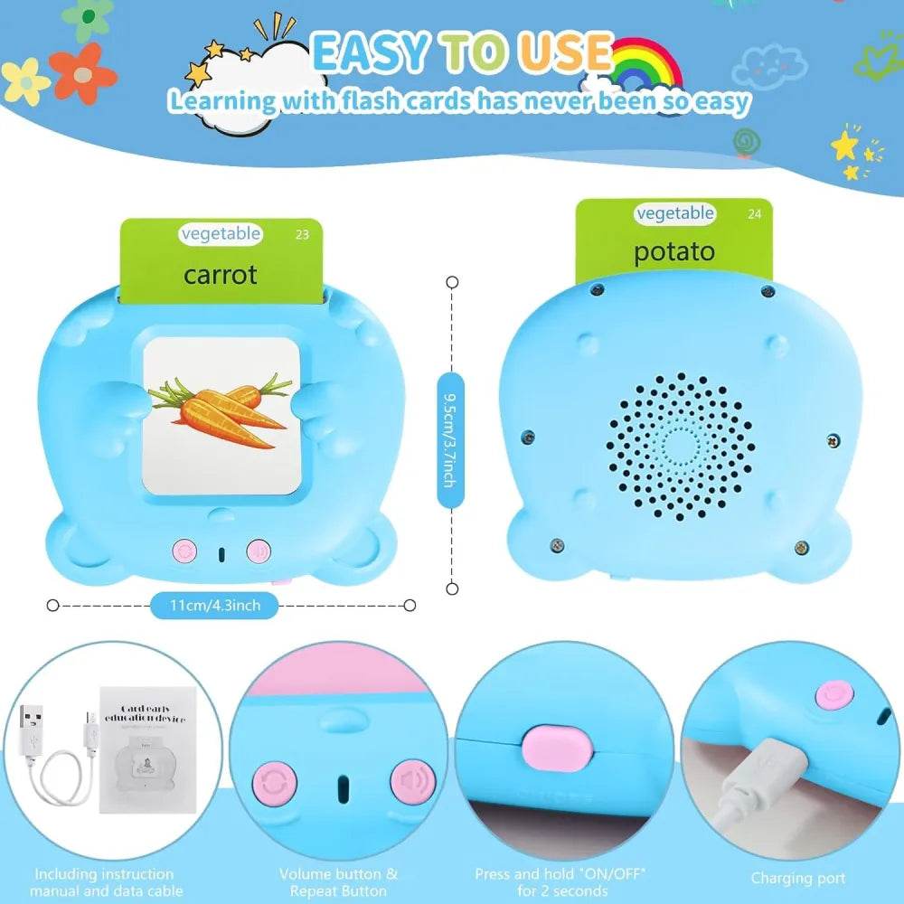 Blue electronic flash cards for toddlers learning device featuring vegetable cards carrot and potato with volume and power buttons