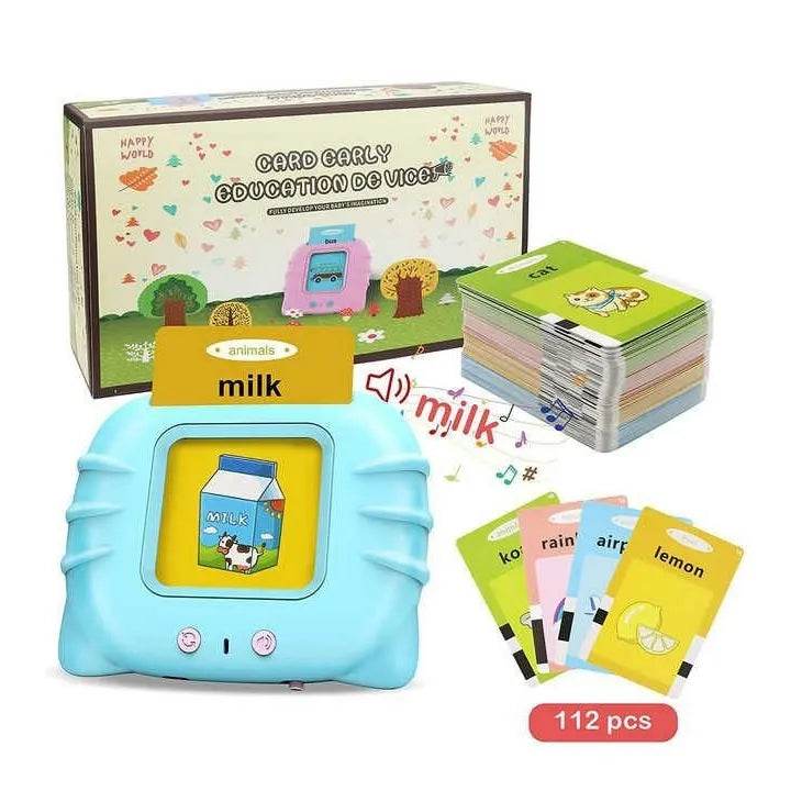 Electronic flash cards for toddlers with colorful cards and interactive learning device in blue