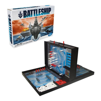 Hasbro Battleship board game with game tray, ships, and red and white pegs for strategic gameplay
