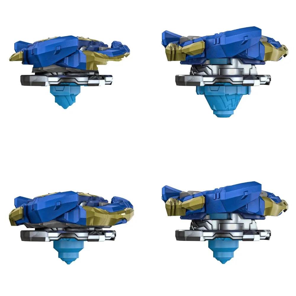 Hasbro Beyblade spinning top with launcher in blue and gold, shown from multiple angles