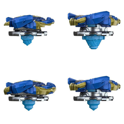 Hasbro Beyblade spinning top with launcher in blue and gold, shown from multiple angles