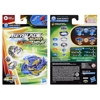 Hasbro Beyblade spinning top with launcher package featuring Salvage Valkyrie V7 QuadDrive Burst toy