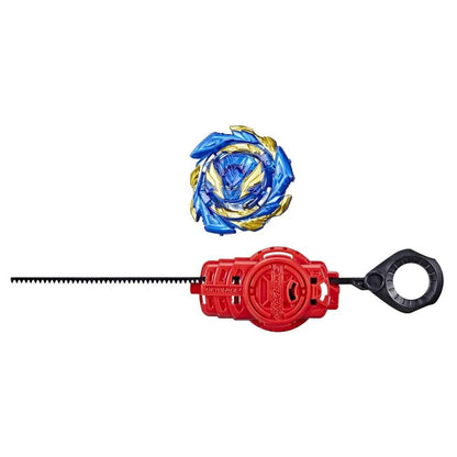 Hasbro Beyblade spinning top with launcher in blue and gold with red and black launcher