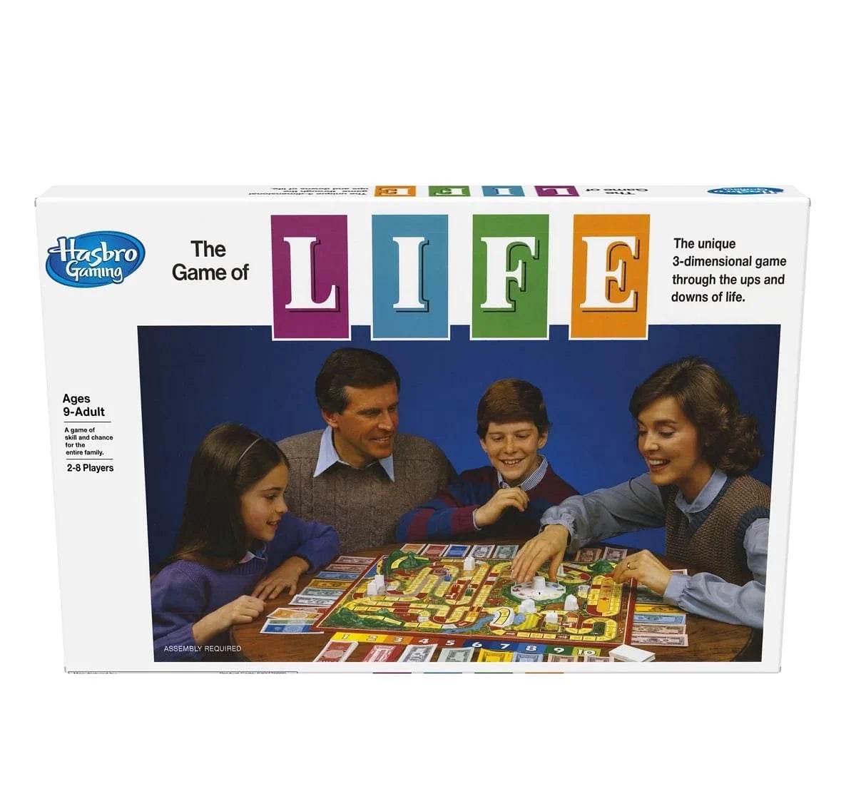 The Game of Life board game by Hasbro in colorful packaging for ages 9 and up, for 2-4 players