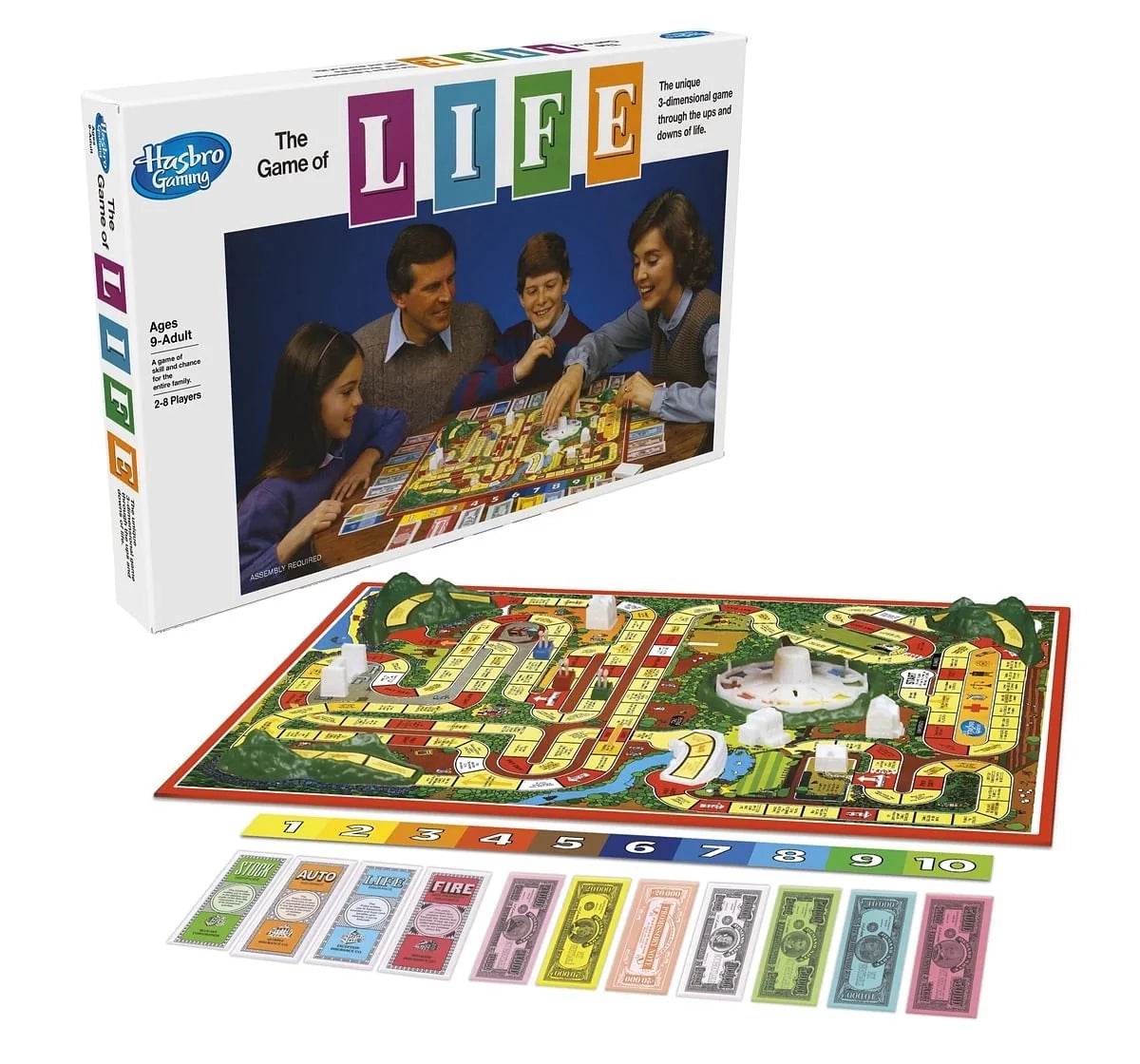 The Game of Life board game by Hasbro for ages 9 and up with colorful money and player pieces