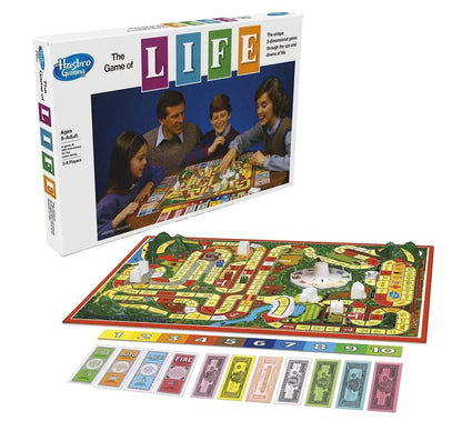 The Game of Life board game by Hasbro for ages 9 and up with colorful money and player pieces