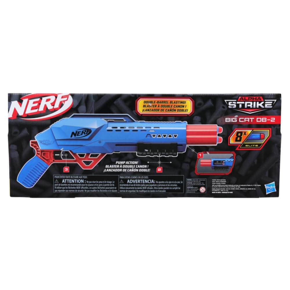 Hasbro double barrel Nerf gun for kids Alpha Strike Big Cat DB-2 with pump action and 8 darts