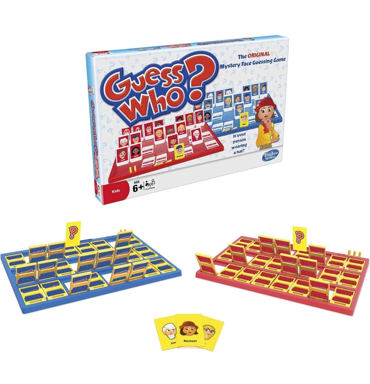 Hasbro Guess Who board game with red and blue player boards and character cards for face guessing fun