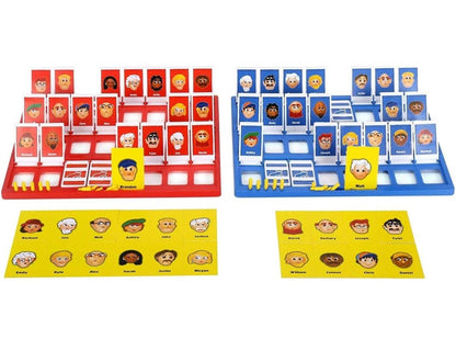 Hasbro Guess Who board game featuring red and blue player boards with character cards and yellow clue cards