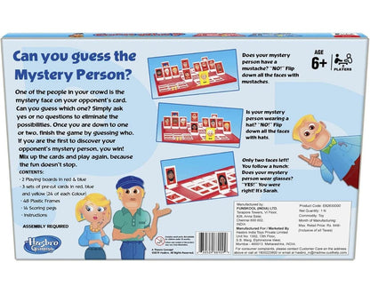 Hasbro Guess Who board game box showing game instructions and character illustrations for ages 6 and up