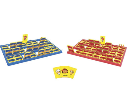 Hasbro Guess Who board game with red and blue player boards and character cards