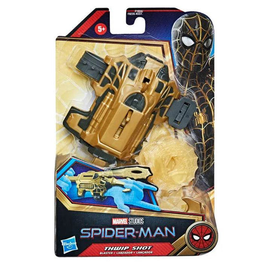 Marvel Spiderman movie blaster for kids in gold and black with web effect accessory in packaging