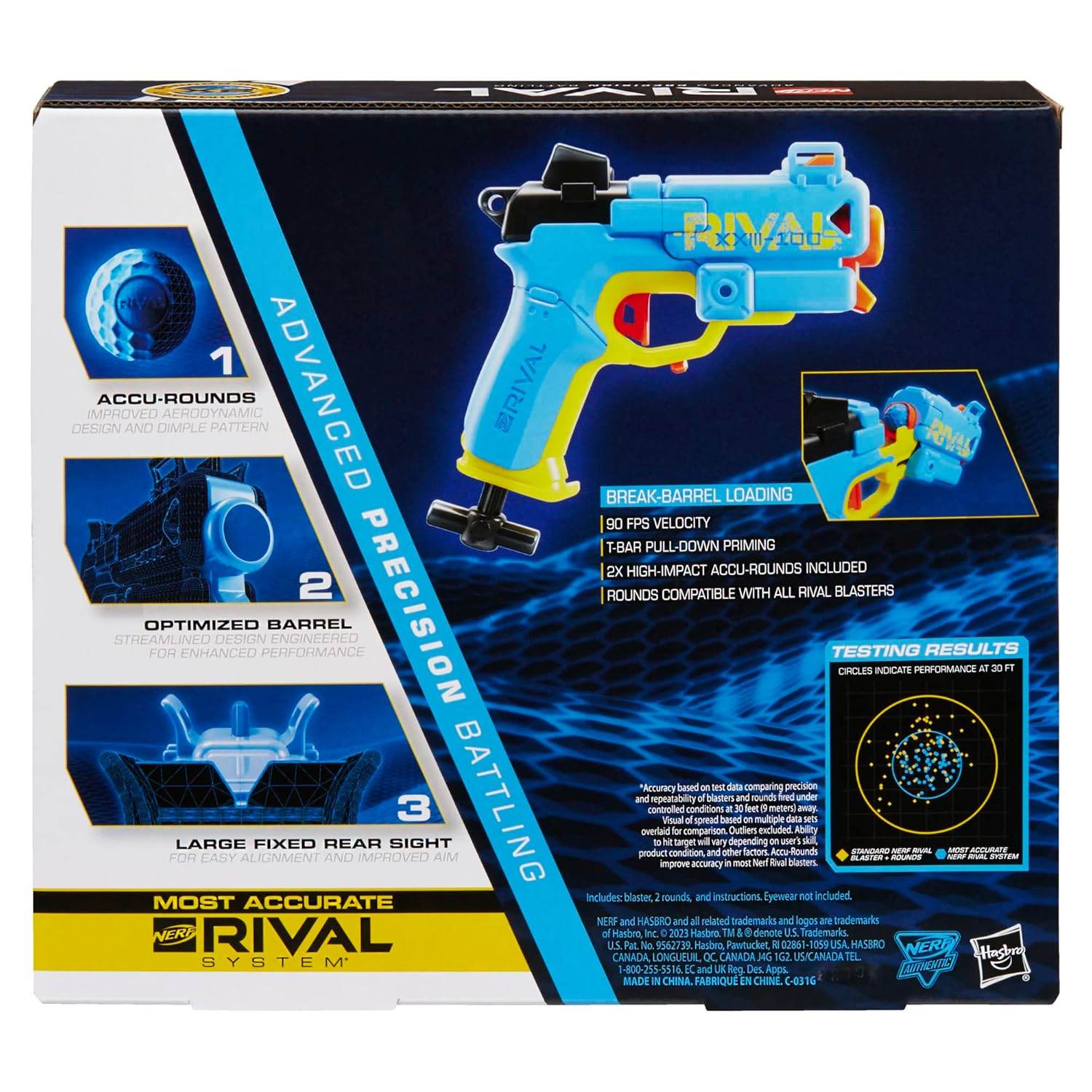 Nerf Rival Pilot blaster blue and yellow with break-barrel loading and advanced precision packaging