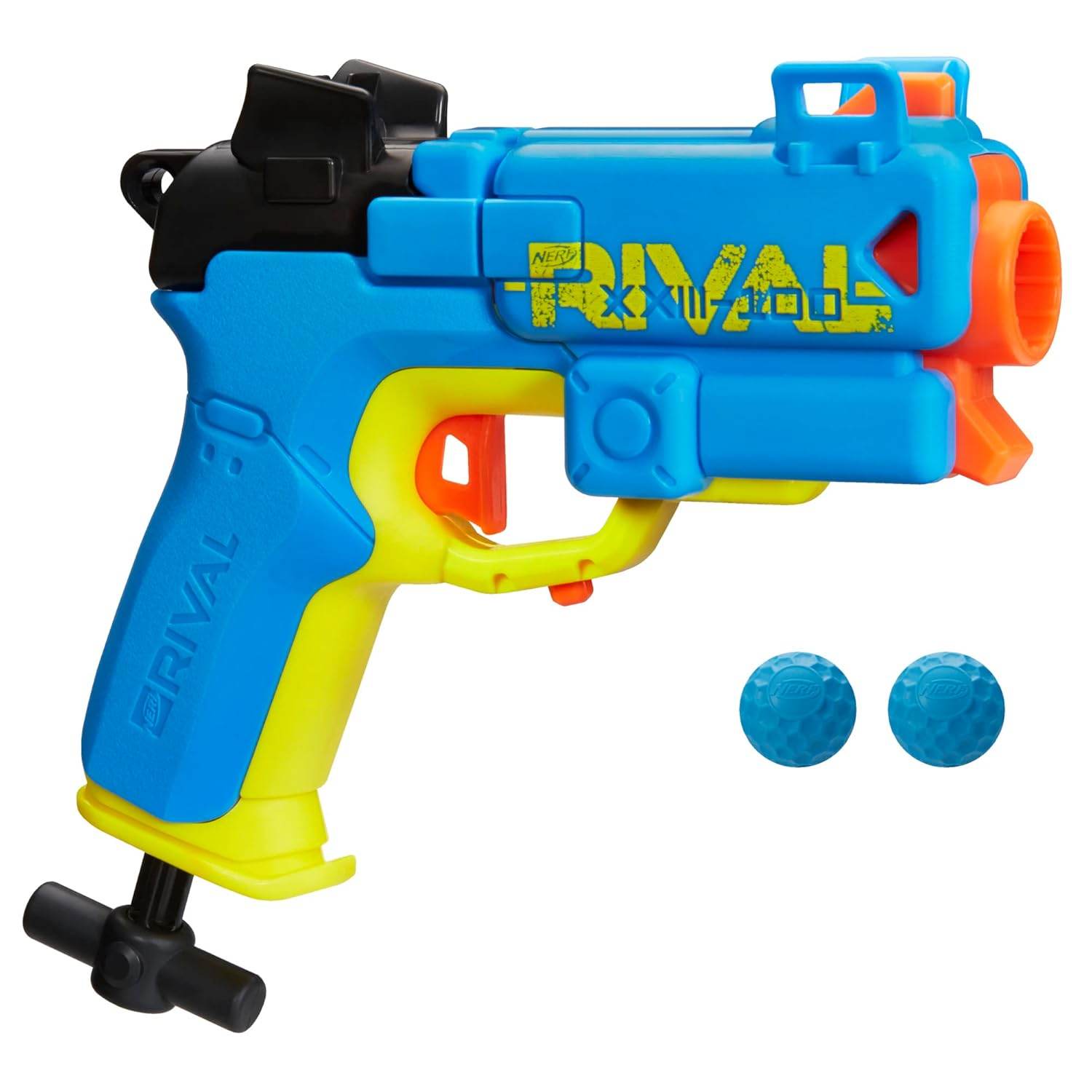 Bright blue and yellow Nerf Rival Pilot blaster toy gun with two blue foam balls