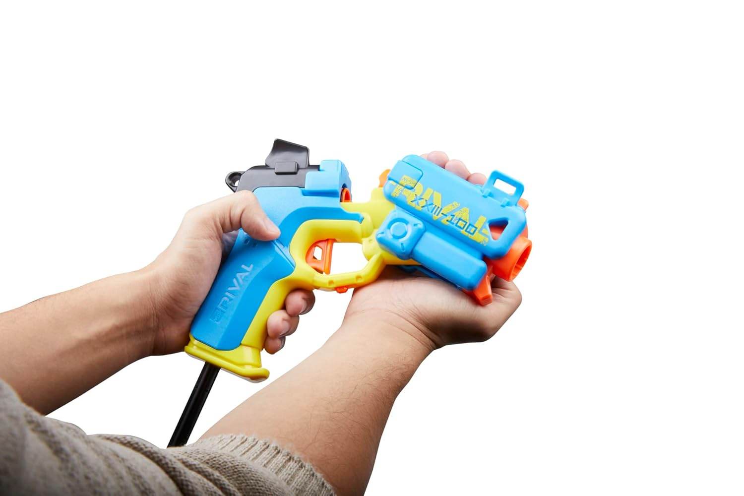 Hands holding a colorful Nerf Rival Pilot blaster toy gun in blue and yellow colors