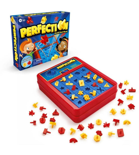 Hasbro Perfection board game for kids with red and yellow shapes and blue game base