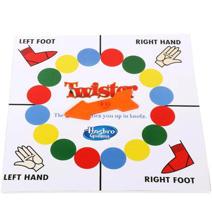 Hasbro Twister game for kids with colorful circles and orange spinner on white mat