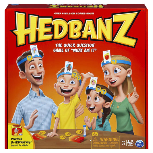 Hedbanz family game India by Hasbro with cartoon family playing the quick question guessing game