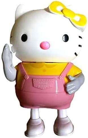Hello Kitty musical toy for kids with pink overalls and yellow shirt, waves when activated
