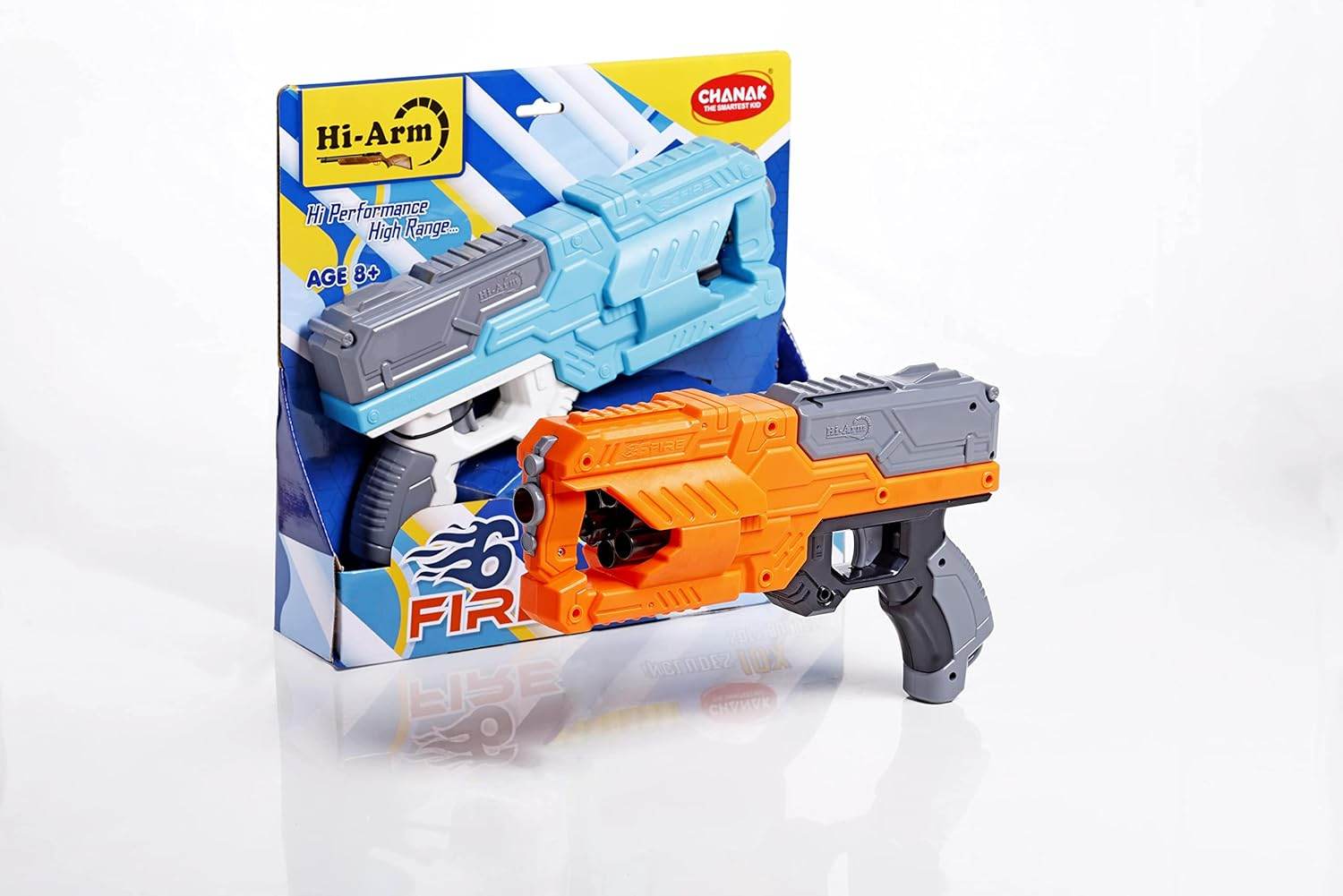 Six dart rotating drum toy gun in orange and gray with blue packaging by T-Rex the toyland Sitamarhi