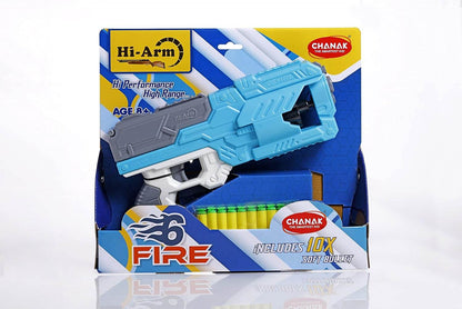 Hi-Arm six dart rotating drum toy gun in blue and gray with included soft bullets in packaging