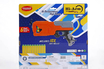 Six dart rotating drum toy gun in orange and gray with ten soft bullets included in packaging