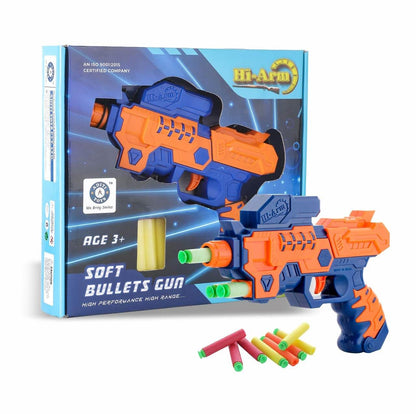 Blue and orange soft bullet gun for kids with colorful foam darts and packaging box