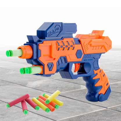 Orange and blue soft bullet gun for kids with multiple colorful foam darts on gray tile floor