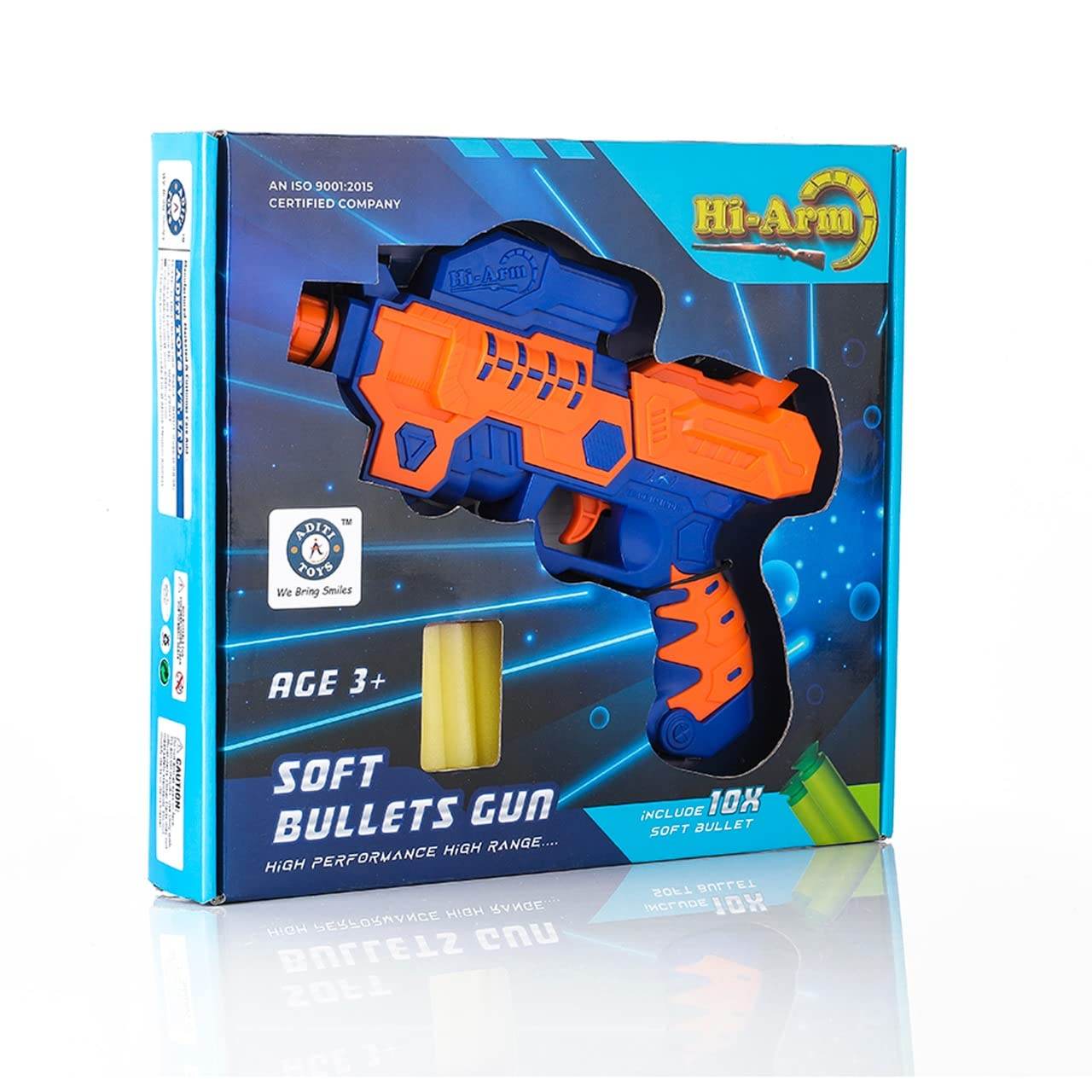 Hi-Arm soft bullet gun for kids in blue and orange with 10 soft bullets included in packaging