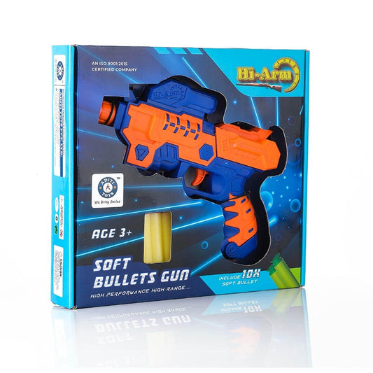 Hi-Arm soft bullet gun for kids in blue and orange with 10 soft bullets included in packaging