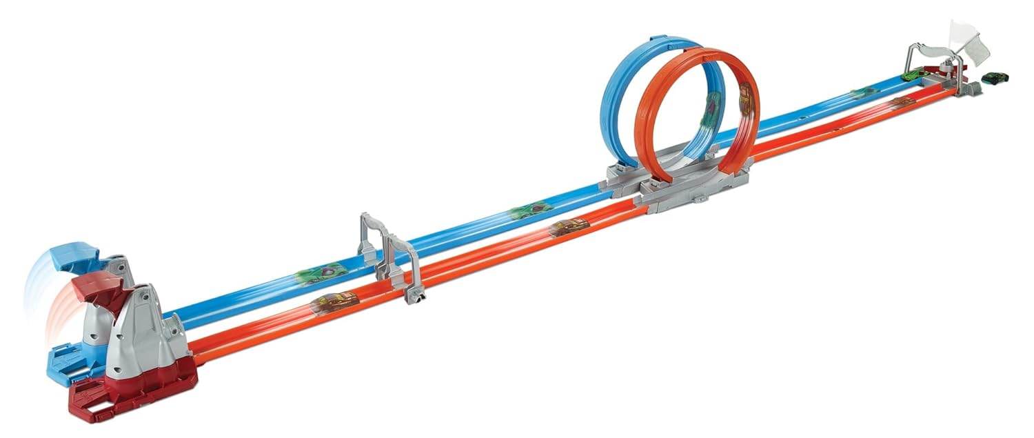 Hot Wheels Action Dual Loop Dash racing track set with two colorful loops and launcher for high-speed car races