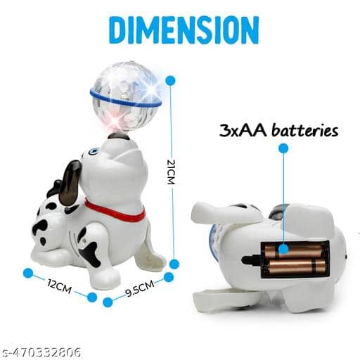 Toy dog with dimensions and battery information on a white background