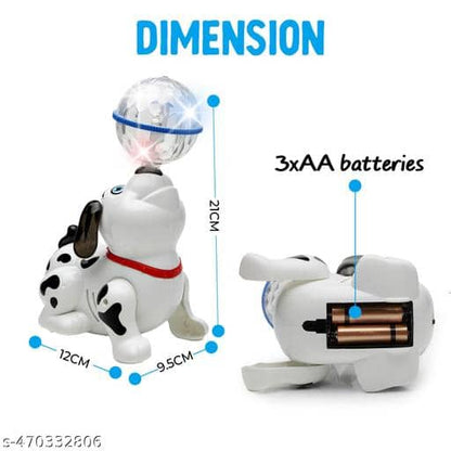 Toy dog with dimensions and battery information on a white background
