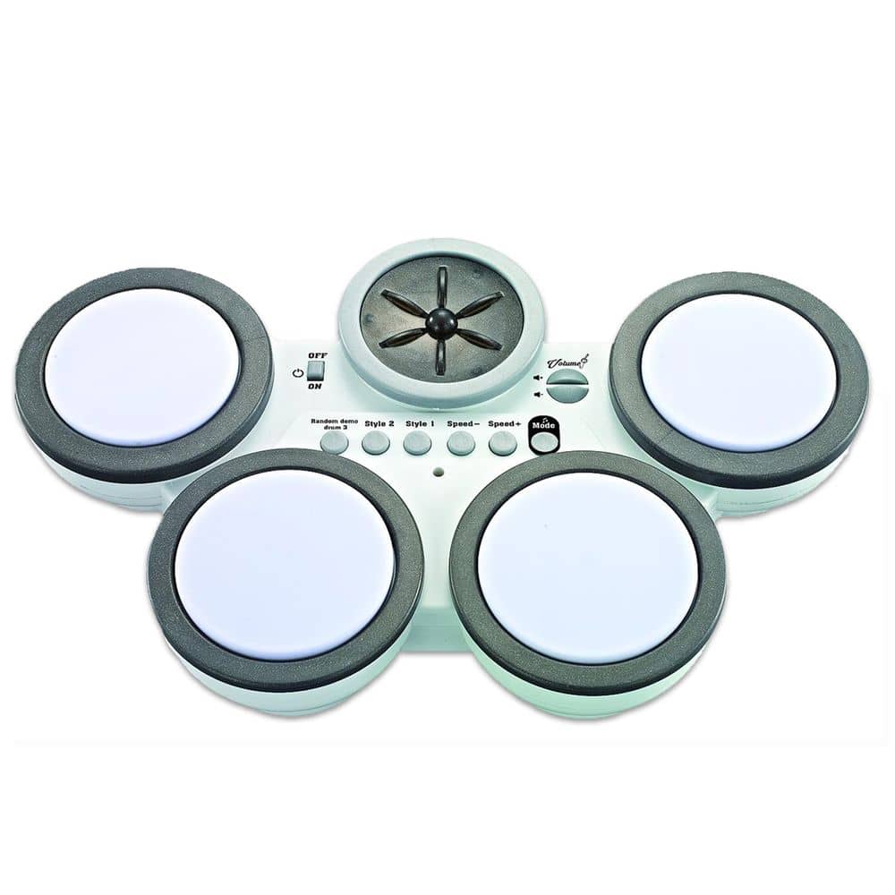 Electronic drum set with four white drums and a central speaker on a white background