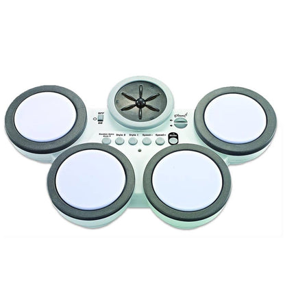 Electronic drum set with four white drums and a central speaker on a white background