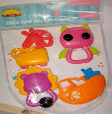 Set of colorful baby toys with animal shapes in a clear plastic packaging.