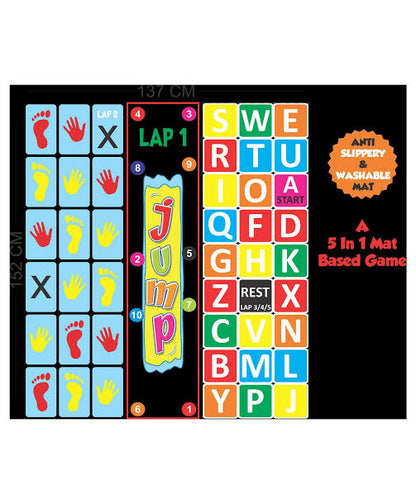 Colorful game mat with alphabet and symbols on a black background