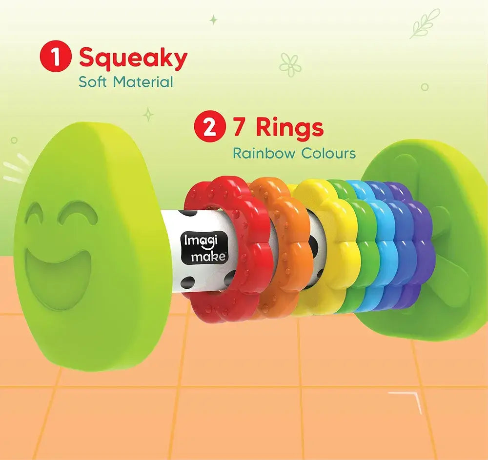 Colorful squeaky baby toy with 7 rainbow rings for toddlers aged 1-3 years