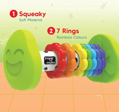Colorful squeaky baby toy with 7 rainbow rings for toddlers aged 1-3 years