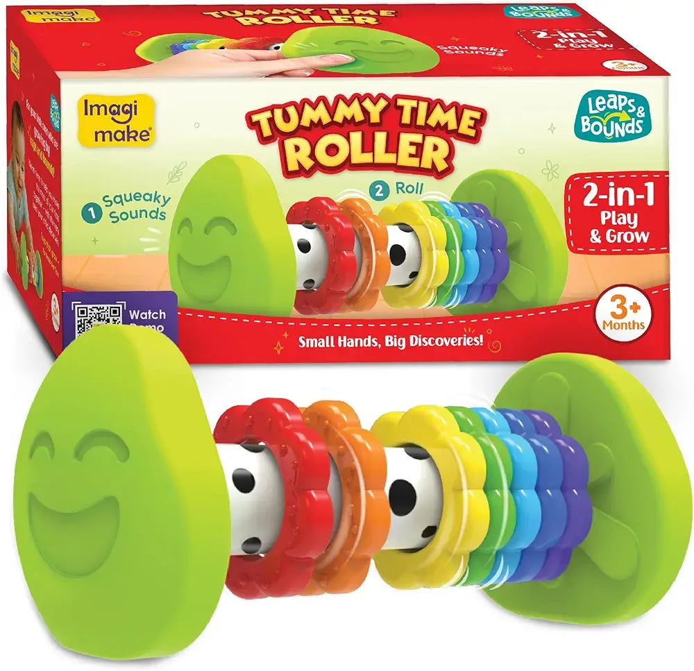 Colorful tummy time roller toy for babies 3 months and older, encourages play and discovery