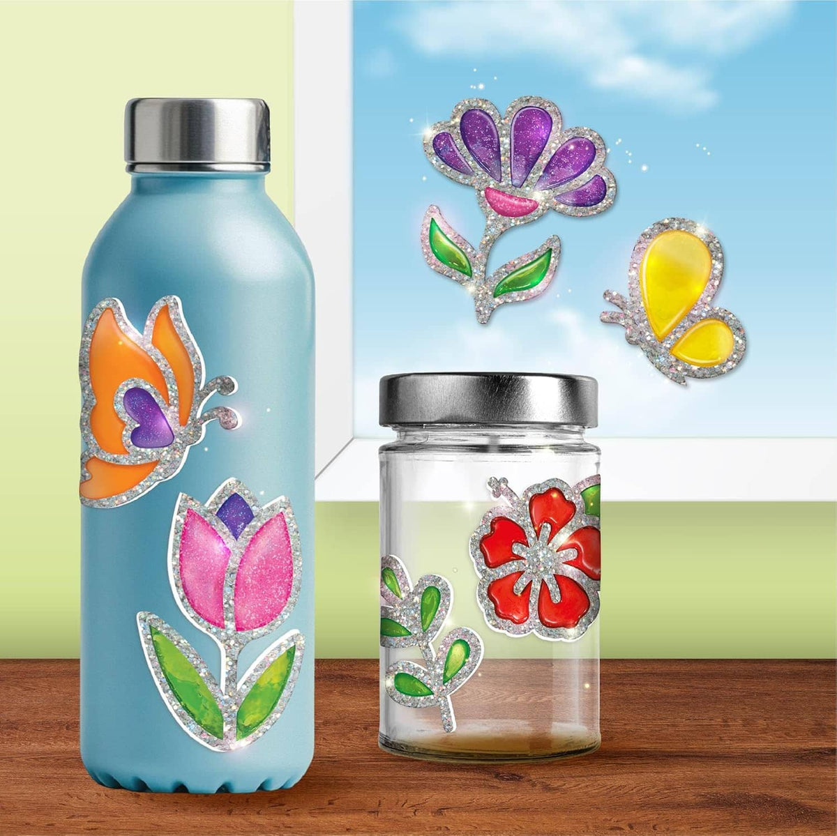 Colorful craft it kit bottles featuring floral designs for creative kids aged 6 and up