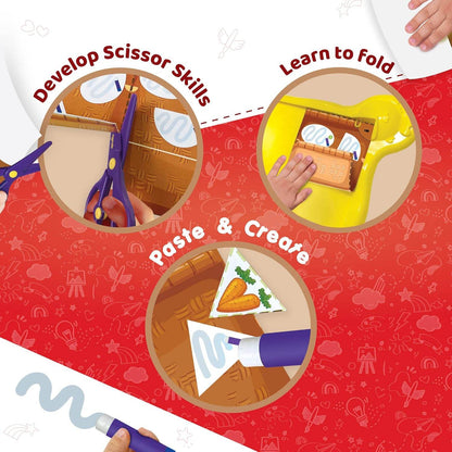 Kids DIY craft kit showing scissor skills, folding, and pasting to create paper projects