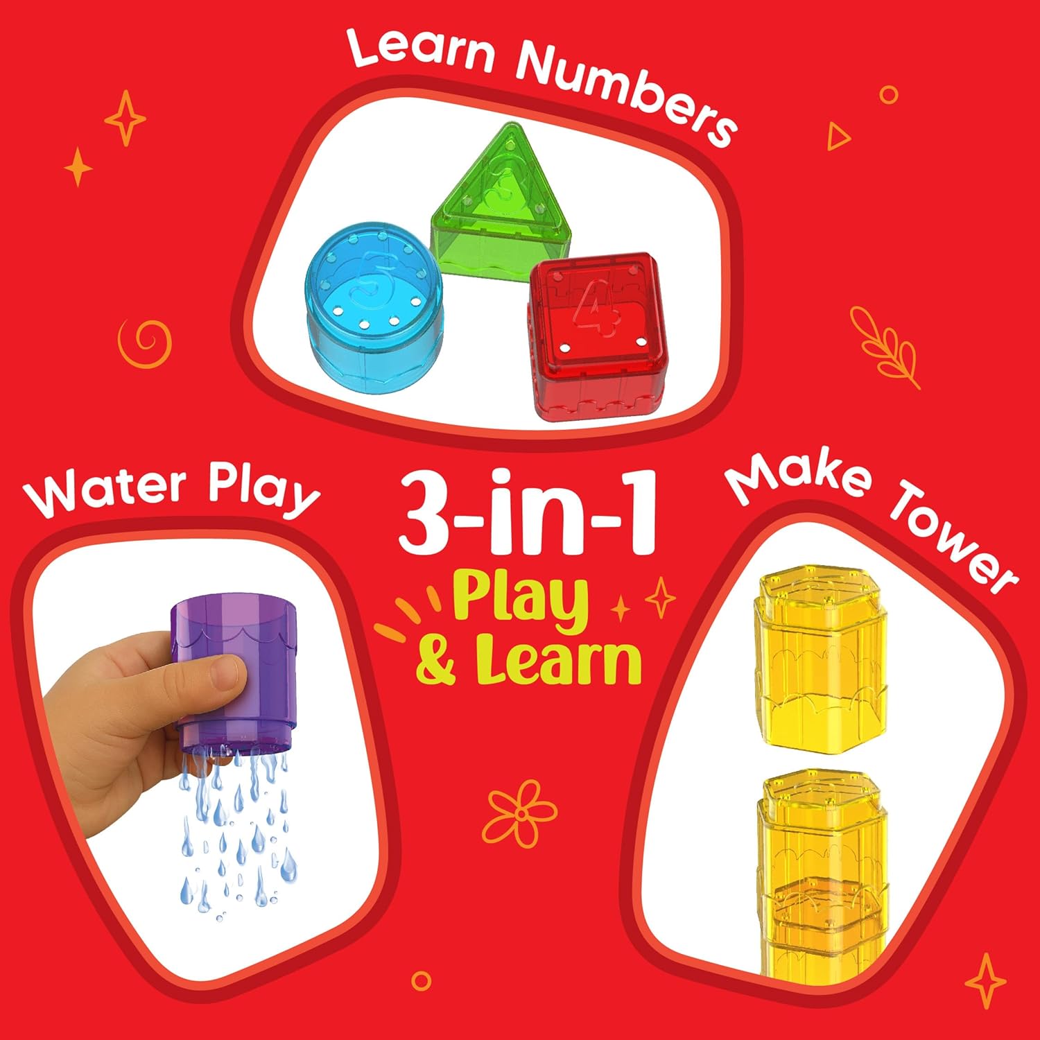 Colorful toddler toys set for learning numbers, water play, and tower building
