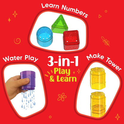 Colorful toddler toys set for learning numbers, water play, and tower building