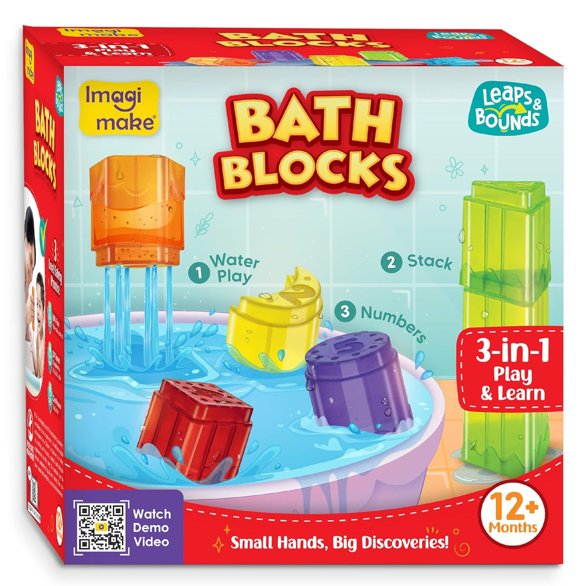 Colorful bath blocks set for toddlers, featuring stacking and water play for ages 12 months and up