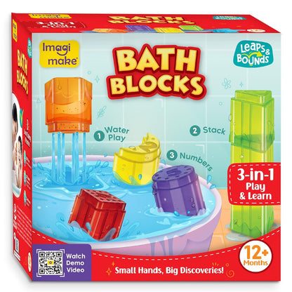 Colorful bath blocks set for toddlers, featuring stacking and water play for ages 12 months and up