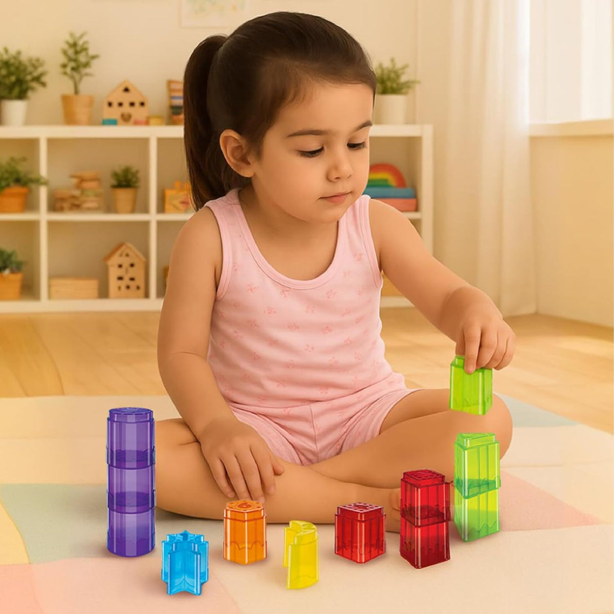 Colorful stacking blocks for toddlers with a child playing, designed for early development.