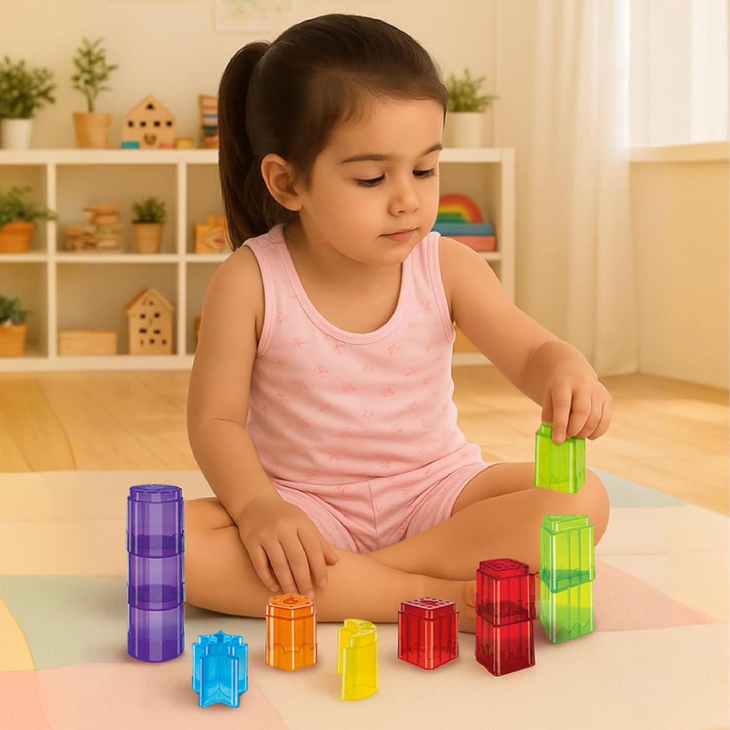 Colorful stacking blocks for toddlers with a child playing, designed for early development.